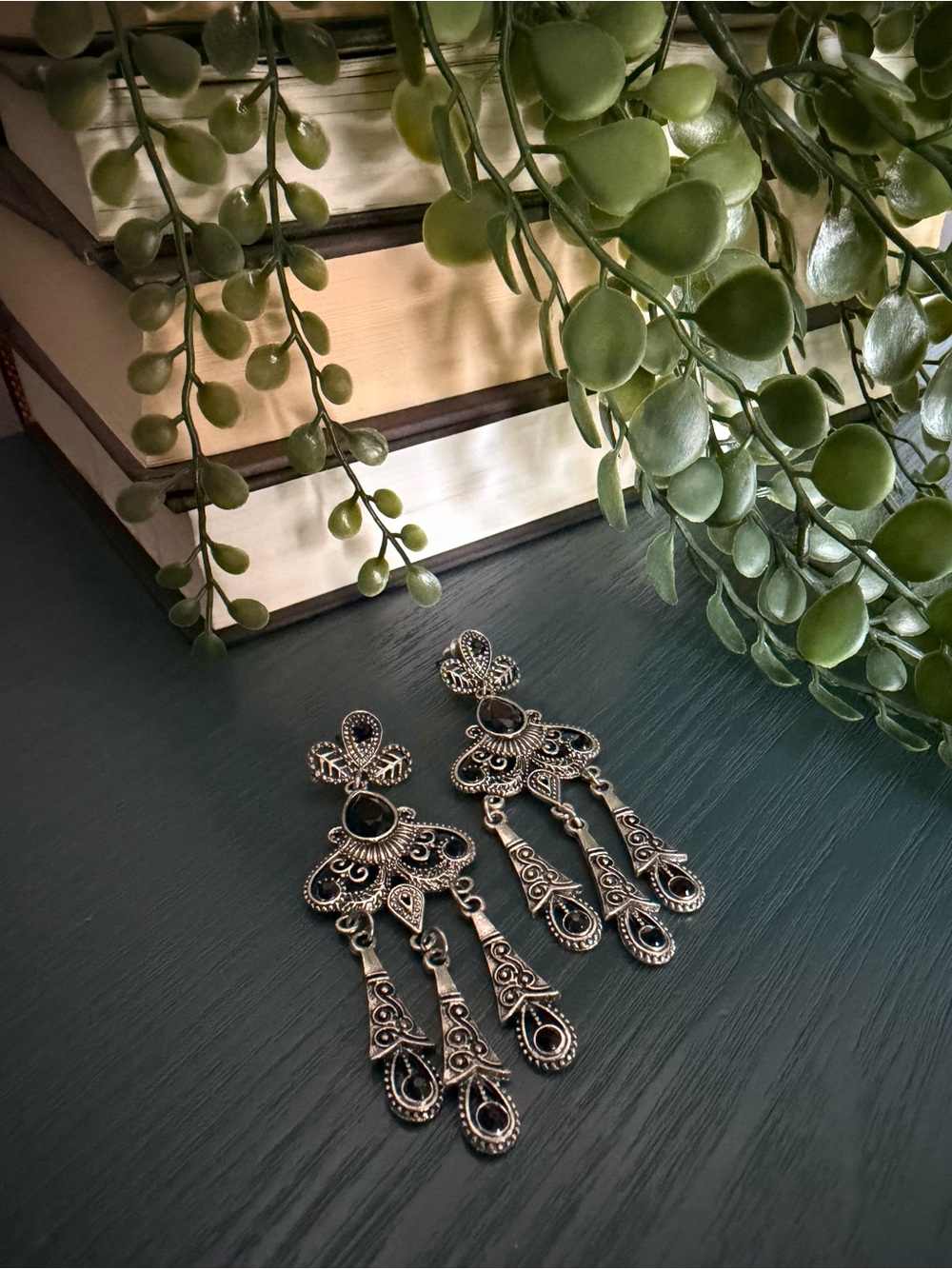 Vintage Inspired Black & Silver-tone Filigree Chandelier Pierced Earrings